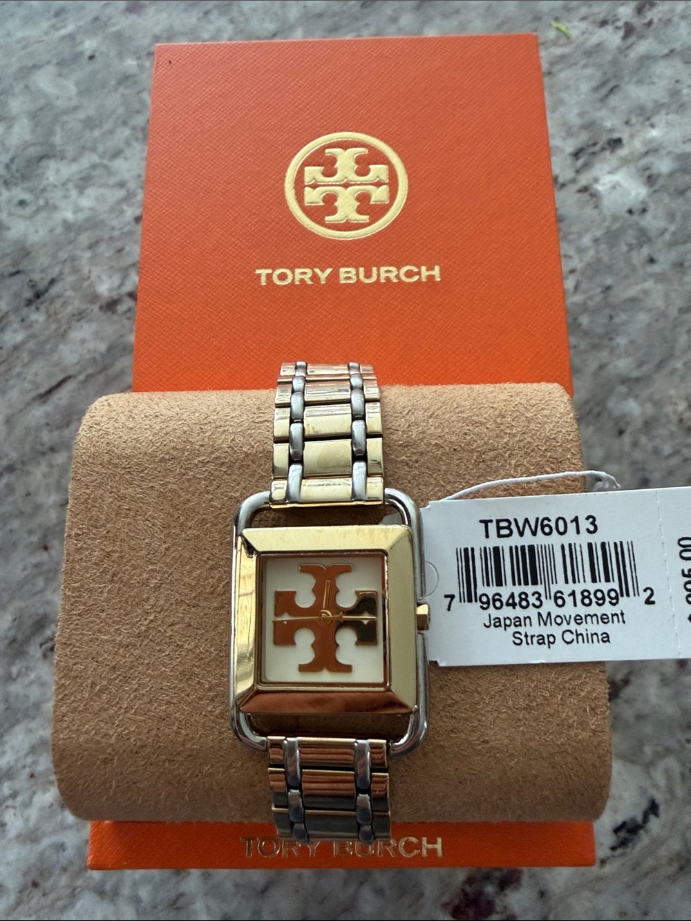 Tory Burch Two-Tone Gold and Silver Logo Square Watch